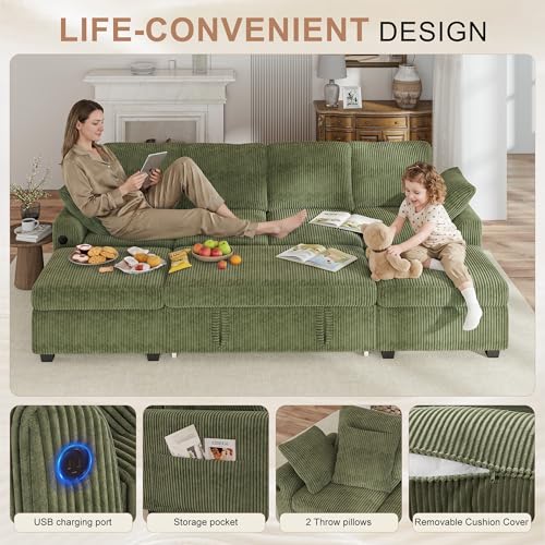 Image of Hanherry 104 inch Sectional Sofa with Pull Out Couch Bed,Corduroy 4 Seater Sleeper Sofa with Storage Ottoman & USB Charging,Comfy U Shaped Modular Couches for Living Room,Apartment