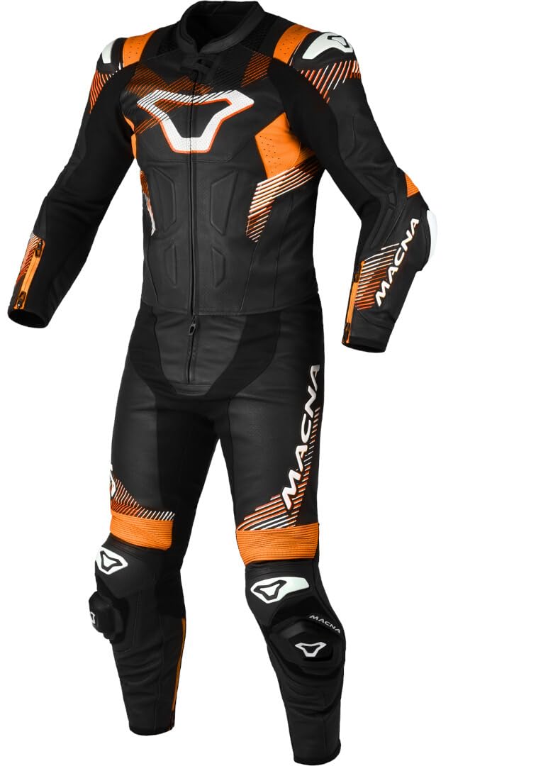 Macna Men's Black/Orange/White Armadyl Perforated Two Piece Motorcycle Leather Suit