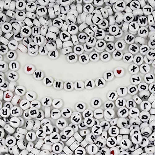 Image of 1450Pcs Letter Beads, Acrylic 4x7mm Round Letter Beads Kits, Alphabet Beads A-Z and Red Heart Black Star Beads for Bracelets Necklaces DIY Jewelry Making (White) (Pack of 2)