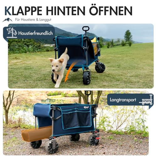PORTAL Bollerwagen faltbar mit Dach 350L 122KG Klappwagen Handwagen klappbar schnellspannere breite Reifen mit Getränkehalter Sonnenschutz für Ausflug Strand Camping Einkaufen