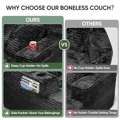 Image of Boneless Couch, 127 inch Sofas for Living Room, U Shaped Couch with Chaise | Sectional Sofa, Cloud Couch Sectional with Cup Holders and Storage, Cloud Sofa with Deep Seat, Black, Corduroy, No Assembly