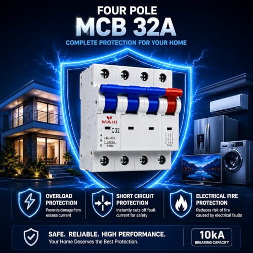 Image of MAHI 32A Four Pole MCB C Curve, Miniature Circuit Breaker with Overload & Short Circuit Protection, 32A Breaking Capacity, Durable Polycarbonate Body for Home & Industrial Use