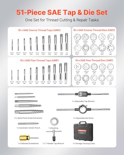 Image of VEVOR Tap and Die Set, 51-Piece SAE Sizes 1 /4 inch to 1 inch, with Coarse and Fine Thread Taps and Dies, Wrench, Carrying Case and Complete Accessories, Bearing Steel, for Threading and Rethreading Threads