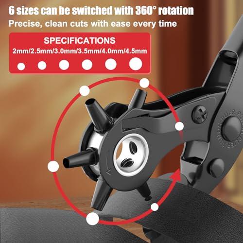 Image of Diyife Leather Hole Puncher, Full Set Punch Tool Kits for Belt, Watch Band, Shoe, Crafting, Handbag Straps, Fabric, with Extra Punch Plates and Ruler, Multi Hole Sizes Make, Red