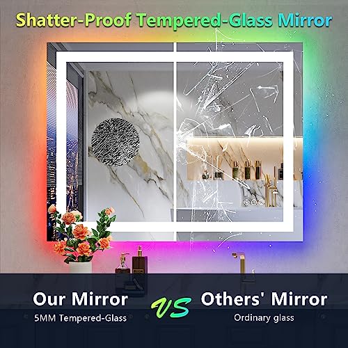 Image of 36x28 Inch RGB LED Bathroom Mirror Front Light and RGB Backlit Lighted Vanity Mirror for Bathroom Wall Mounted Dimmable Anti Fog Memory Shatter-Proof IP54 Waterproof Horizontal /Vertical
