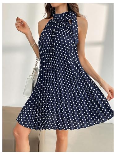 Image of MakeMeChic Women's Polka Dots Halter Dress Tie Sleeveless Pleated A Line Flare Mini Dresses Light Blue X-Large