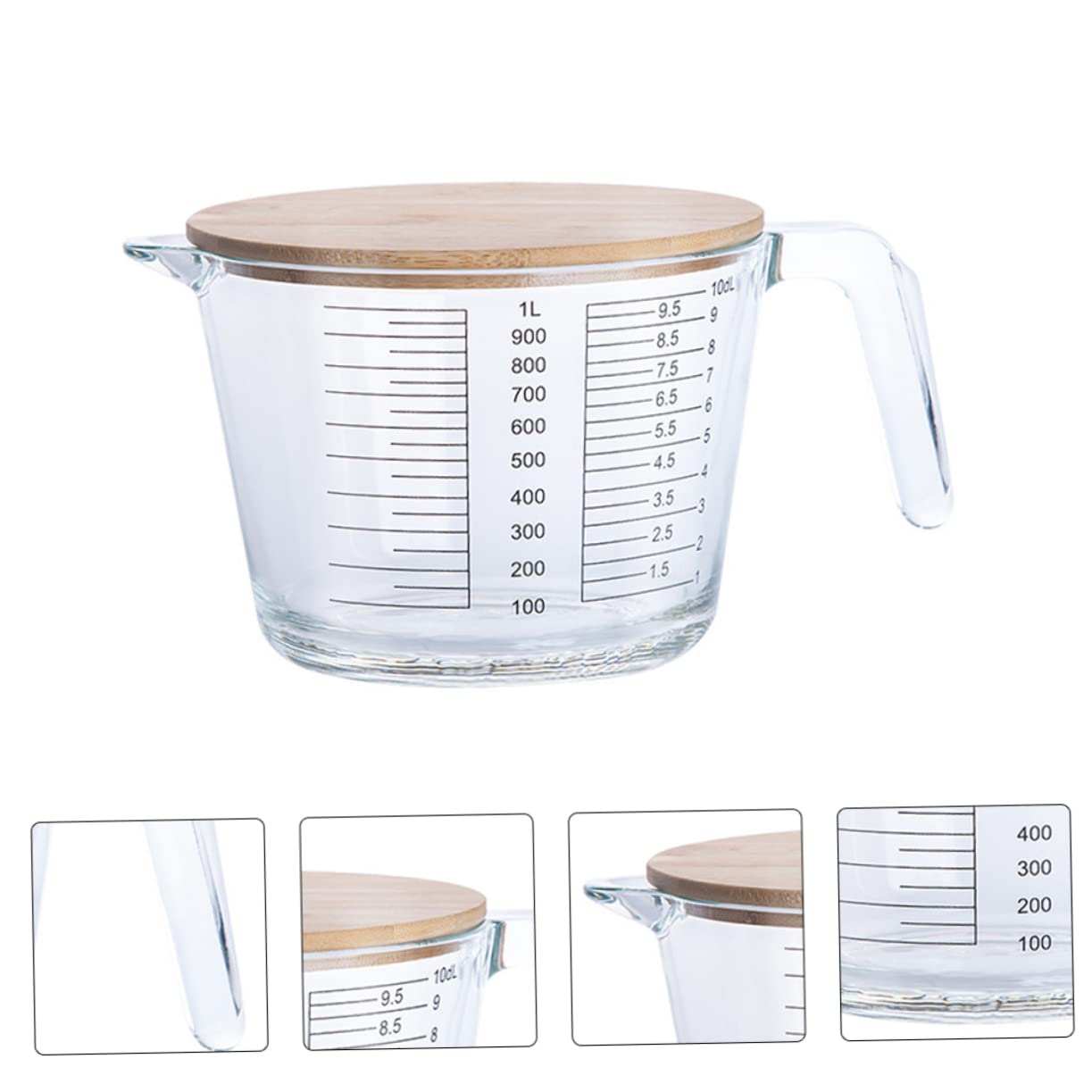 SOLUSTRE 1pezzi Misurino Graduato in Vetro Resistente Al Calore Utensile Da Cucina Per Misurare Ingredienti Con Design Trasparente e Coperchio in Legno Per Protezione