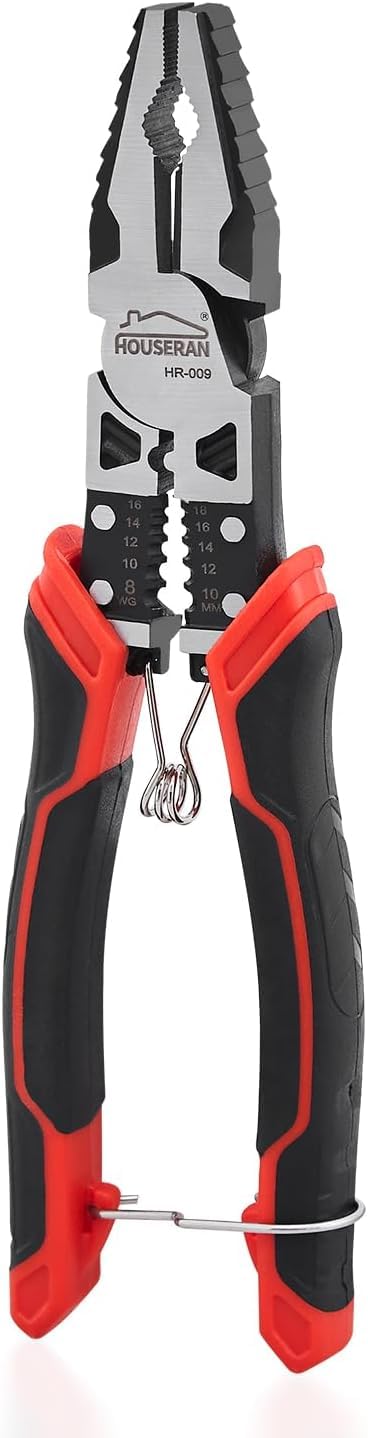 Linemans Pliers, HOUSERAN Combination Pliers with Wire Stripper and Crimper, 8.3 Inch Lineman Plier, Spring Loaded with Safety Lock, 5-in-1 Linesman Pliers for Cutting, Crimping, Stripping