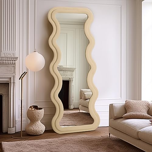 Image of Full Length Mirror 63 inchx24 inch Irregular Wavy Mirror with Flannel Wrapped Wood Frame Floor Mirror for Living Room, Bedroom Hanging or Leaning Wall-Mounted, Milk Teal