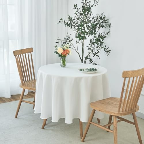 Image of maxmill Round Weaved Texture Design Tablecloth Spill-Proof Wrinkle Free Soft Washable Table Cloth for Circular Table Cover, for Dining Room Buffet Banquet Parties Holiday Dinner, 90 Inch White