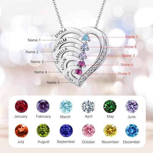 Personalized Sterling Silver Mothers Name Necklace with 1-5 Simulated Birthstones Custom Heart Pendant Necklace Personalized Gift for Mother's Day Christmas4