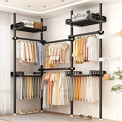 高さ調節可能なハンガーレール(トレイとパンツラック付き) - 頑丈な衣類ラック 伸縮式コートハンガー - 効率的な衣類収納のためのDIY伸縮式ワードローブオーガナイザー