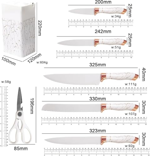 Image of MAMYA Kitchen Knife Set, 7-Piece with Knife Holder Block, Non-Stick Non-Slip Sharp Stainless Steel Suitable for Home and Restaurant (White)