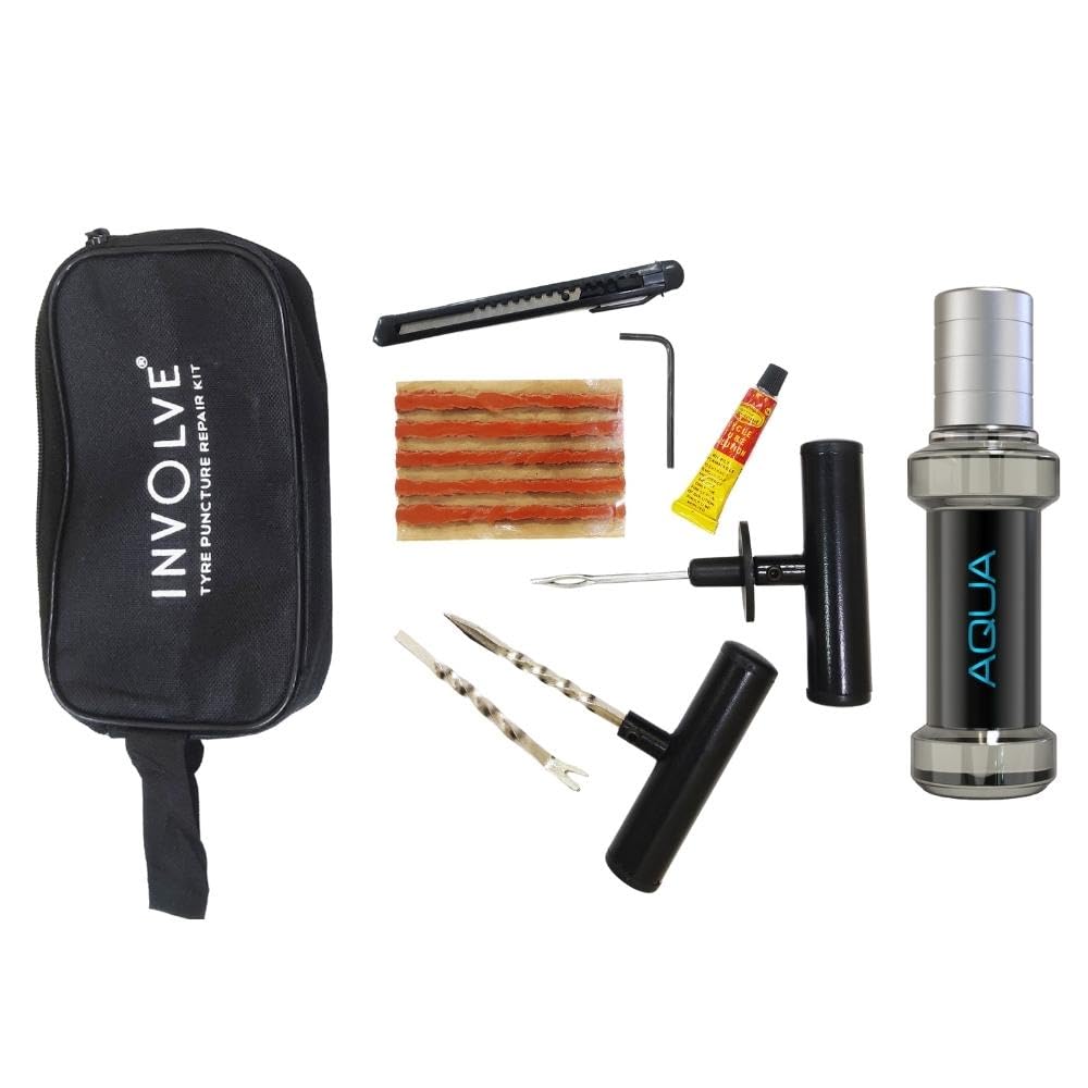 INVOLVE 9 in 1 Universal Tubeless Tire Puncture Kit Emergency Flat Tire Repair Kit Tool with Element Aqua Spray Air Freshener (with Storage Bag) for Car, Bike, SUV, & Motorcycle Involve Accessories