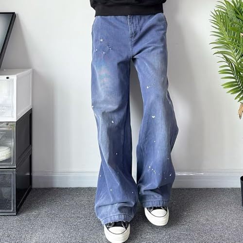 High Waisted Baggy Jeans for Women & Men, Distressed Vintage Blue Wide Leg Denim Trousers with Paint Splatter2