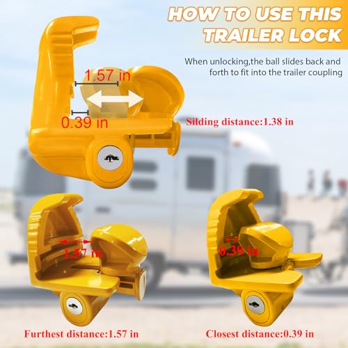 Image of Zinc Alloy Trailer Lock with Keys, Universal Trailer Tongue Lock(Yellow) | Compatible with 1-7 /8 inch, 2 inch, 2-5 /16 inch / 48mm, 51mm, 59mm Couplers, Fits Vehicles, Trailers and RVs