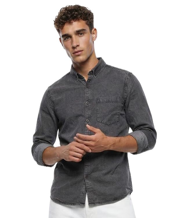 Image of Amazon Brand - INKAST Men Washed Cotton Twill Denim Casual Button Down Shirt | Full Sleeves | Regular Fit | Stylish Summer - Everyday Wear