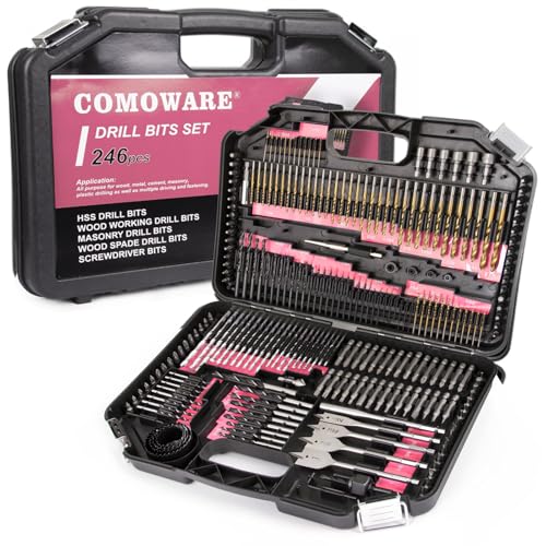Image of COMOWARE 246 Pcs Drill Bit Set for Cordless Drill, Drill Driver Bit Set for Wood, Metal, Masonry, Cement and Screwdriver Bits Set Combo Kit, Pink Case