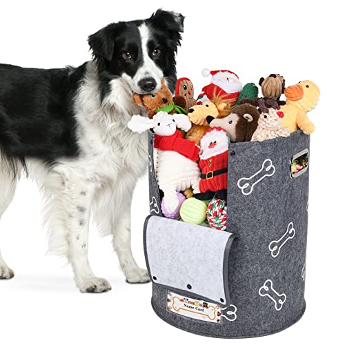 Large Dog Toy Bin with Handle- Round Dog Toy Storage Bin, Dog Toy Baskets Chest Organizer for Pet Supplies, Pet Toy…