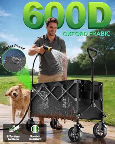 Image of 40 inch Extra Large Collapsible Wagon Cart 550 lbs Capacity Big Wheels for Camp | folds to 0.65 cu ft (1 /10 of expanded size); quiet 360 big wheels; 600D Oxford fabric; 300L for bulky gear; 550 lbs load