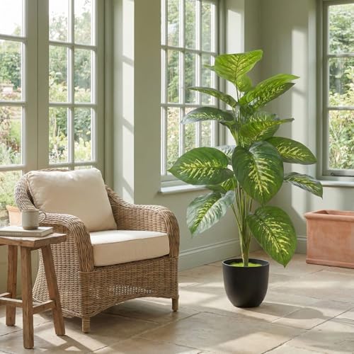 Image of Dekorly Artificial Palm Tree - Large Fake Tropical Floor Plant, Realistic Plastic Greenery for Indoor Home, Office, Living Room & Corner Decor (Dieffenbachia)
