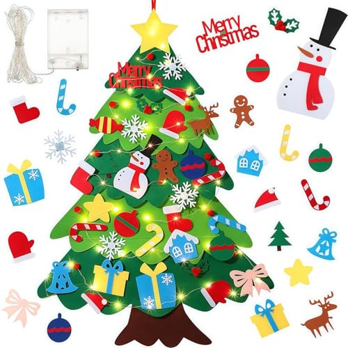 Solihigh 3.2FT Felt Christmas Tree for Kids Toddlers with Led String Light Wall Hanging DIY Christmas Decorations Tree with for Xmas Gifts Home Decoration