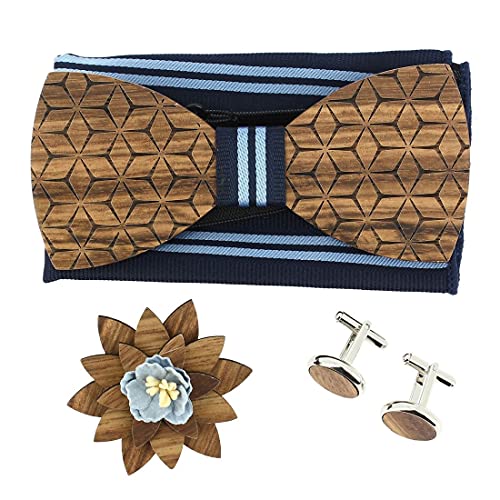 Nœud papillon bois bleu marine à motif floral fantaisie pour homme