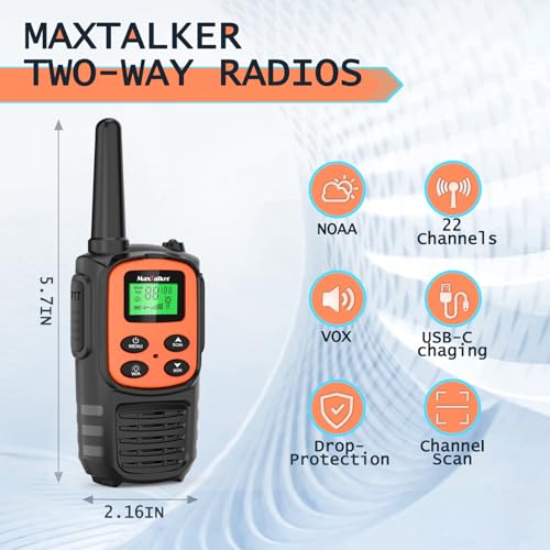 Image of MaxTalker Walkie Talkies for Adults 2 Pack Long Range Rechargeable 2 Way Radios, Hiking Accessories Camping Gear Xmas Gift for Kids with 22 FRS Channel Radios, Lamp,VOX,Li-ion Battery,NOAA | Rechargeable 1200mAh USB-C walkie talkie with NOAA, LED flashlight & VOX, Ideal for hiking, camping