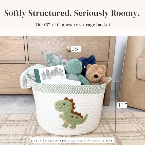 Image of Dinosaur Baby Storage Basket, Woven Cotton Rope Nursery Bin, 15x11 in | Stuffed Animal and Blanket Storage, Soft Felt Dinosaur Patch, Baby Nursery Decor, Baby Shower, Kids Playroom Organizer