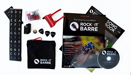 Rock-iT Barre Guitar Chord Device Beginner Package, Instructional Manual & DVD, Songbook, & Clip-on Chromatic Tuner, W/Brown Stickers - Use On DARK OR ALL INSTRUMENT NECKS (Red Device)