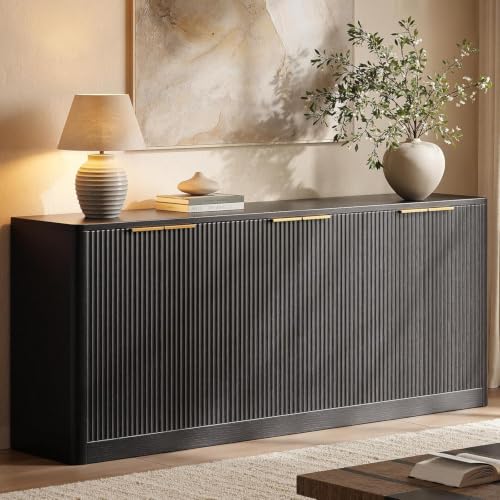 Image of Evermagin 67 inch Fluted Black Buffet Cabinet Sideboard with Storage, Large Credenza with 6 Doors, Wood Mid Century Modern Sideboard for Kitchen and Living Room (67 inch*31.5 inch*15.7 inch)
