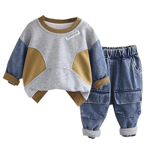 Boys Athletic Outfits Toddler Kids Color Block Crewneck Long Sleeve Sweatshirt + Elastic Waist Joggers Jeans with Pockets