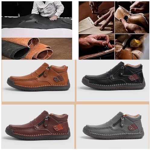 Men's Leather Handmade Platform Shoes Ankle Chukka Boots Fashion Round Toe Side Zipper Mid Top Slip On Loafers forDriving Hiking4