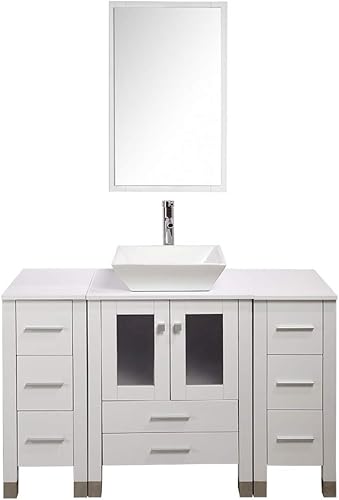 TONYRENA - Juego de tocador de baño moderno de 476in armario con tapa de fregadero de cerámica grifo desagüe flexible y espejos color blanco