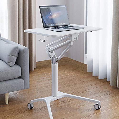 Stahlrahmen Balkon Beistelltisch mit Cremefarbene Verbundplatte,Höhenverstellbar, Abschließbare Rollen, Bürotisch für Das Home Office