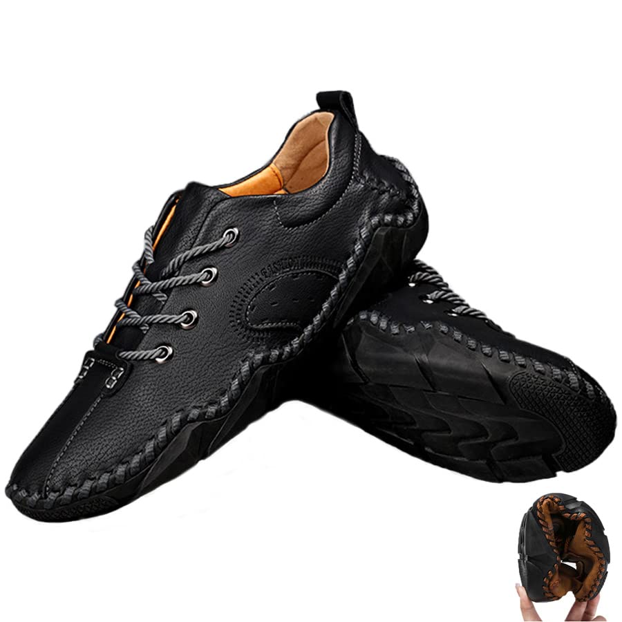 Mens Casual Slip-On Loafers Vintage Hand Stitching Soft Leather Lace-up Lightweight Anti Slip Flats Ankle Chukka Oxford Shoes