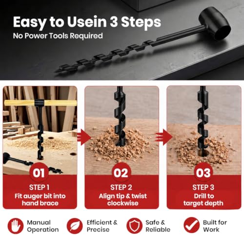 Image of Serplex Hand Auger Wood Drill with Scotch Eye Wood Auger Manual Hand Drill Bit Tool for Camping Bushcraft Outdoor Woodworking Manual Hole Cutting