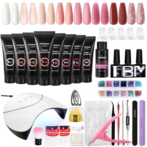 Phoenixy Gel de Extensión de Uñas Completo Set, 8 Colores Kit Uñas de Gel con 36W U V/LED Lámpara, Poly Uñas Gel para...