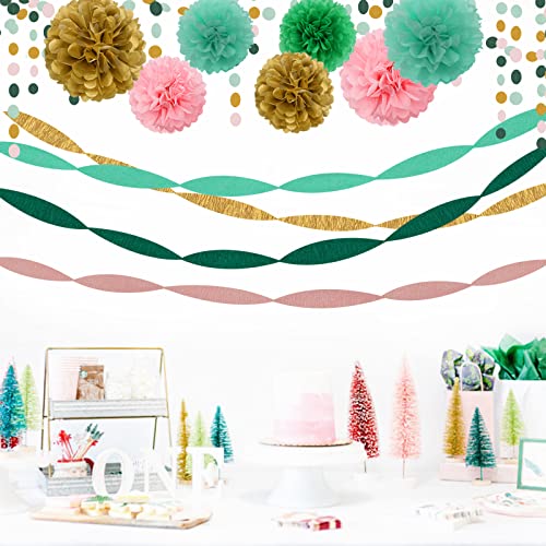 Sage-Green Pink-Gold Crepe Paper Streamers - 8 Rolls Green Party Decorations Streamer Birthday Rustic Wedding Bridal-Shower Bachelorette Engagement Paper Flowers Valentines Mothers Day Decor Panduola #TOP5