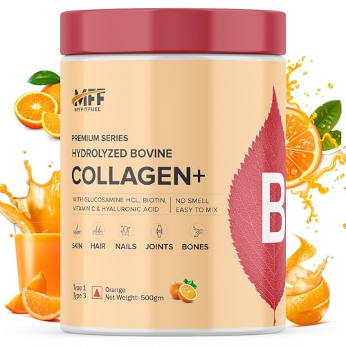 Image of MyFitFuel Hydrolyzed Bovine Collagen (500gm, Orange) with Biotin, Hyaluronic Acid, Zinc, Vitamin C & Glucosamine | For Skin, Hair, Nails & Joints