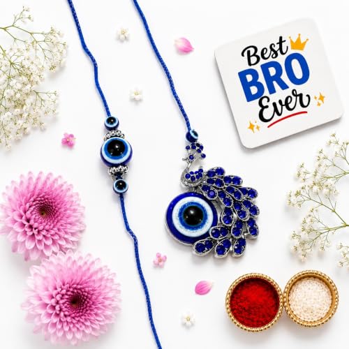 Image of eCraftIndia Designer Evil Eye Bhaiya Bhabhi Rakhi with Best Bro Ever Fridge Magnet, Blue Peacock Rakhi Set for Brother & Bhabhi, Raksha Bandhan Gift with Roli Chawal