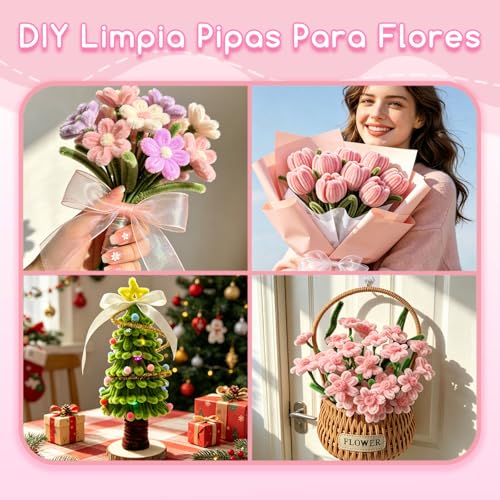 601PCS Complete Pink Pipe Cleaners Flower Kit–Pastel Pipe Cleaners for Flowers, DIY Craft Supplies for Projects, 6 Colors, with Floral Wires, Tape, Glue Sticks, Ribbon, Stamen, Manual & Video Tutorial by Wnawrofr - Image 5