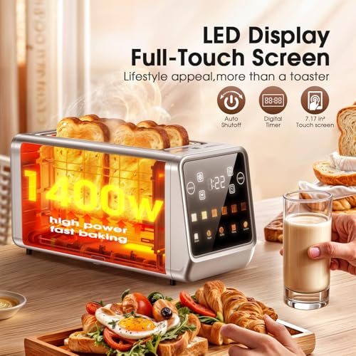 Image of Toaster 4 Slice Long Slot with Digital Touchscreen & 1-Touch Memory for Family | Stainless Steel for Bagels & Artisan Bread | Defrost Reheat & Single-Slice Modes