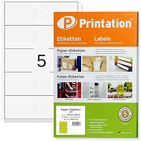 Folder Spine Labels 190 x 58 mm Self-Adhesive White 125 Folder Labels on 25 DIN A4 Sheets 1 x 5 Labels 190 x 58 Cover