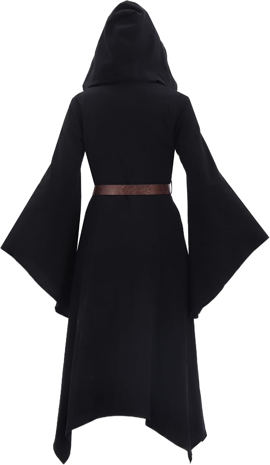 Medieval Hooded Witch Cloak, Gothic Long Robe with Belt, Black Button-Down Renaissance LARP Elf Costume