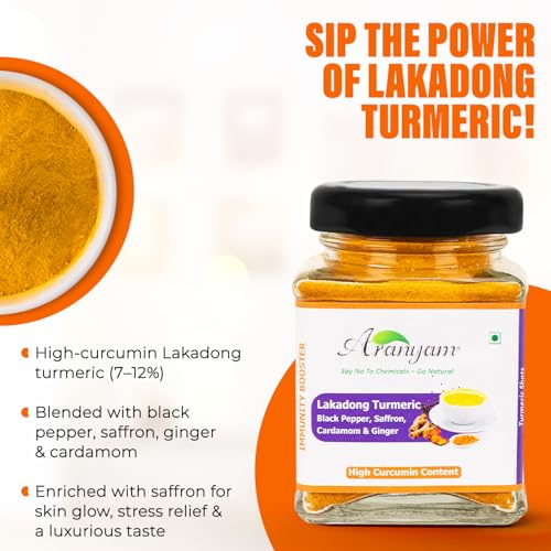 Image of Aranyam Lakadong Turmeric Drink Mix | Infused with Black Pepper, Ginger, Cardamom & Saffron - High Curcumin (7-12%) | Haldi Powder for Golden Milk, Latte, Herbal Tea & Health Drinks (40 Grams)