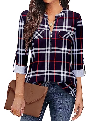 Image of Bulotus 3 /4 Length Sleeve Womens Striped Tops Zipper V Neck Collared Blouses Business Casual Tunics 2026 Spring Trendy