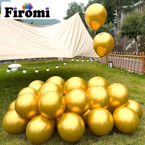Image of Firomi Metallic Chrome Gold Balloons 12-inch 100 Pack (with 3 Ribbons) | Thicken Shiny Helium Big Round Gold Latex Balloon for Wedding Birthday Party