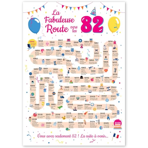 Grande Carte Anniversaire 82 Ans Femme et Homme - Idée Cadeau 82 ans Homme et Femme - Decoration Anniversaire 82 ans - Birthday Card 1944 - Carte Original La Fabuleuse Route vers les 82