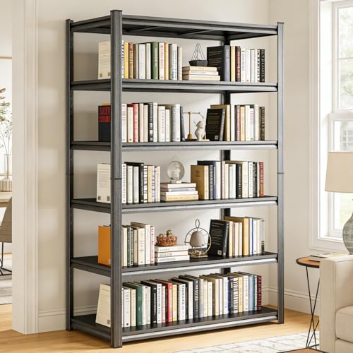 Image of 6-Tier Metal Bookshelf, Modern Black Book Shelf, 1800LBS Industrial Tall Display Bookcase, Adjustable Bolt-Free Storage Shelves for Living Room, Bedroom, Kitchen, 40 inch W x18 D x82 H